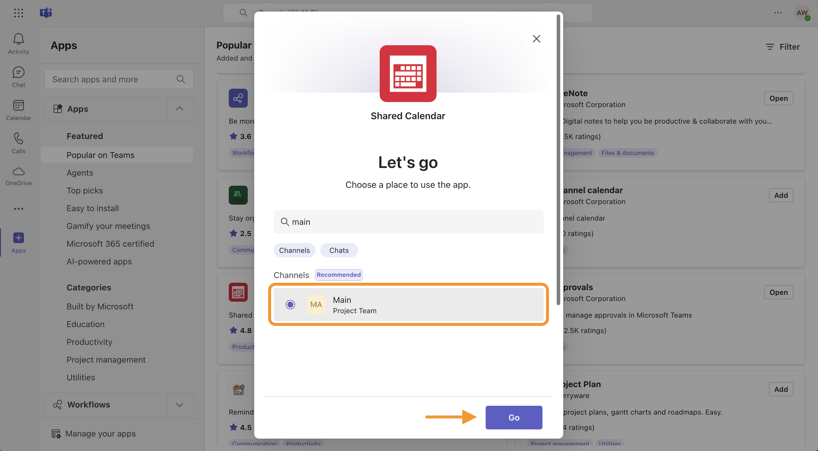 Select a channel for Shared Calendar in Microsoft Teams – Step 2