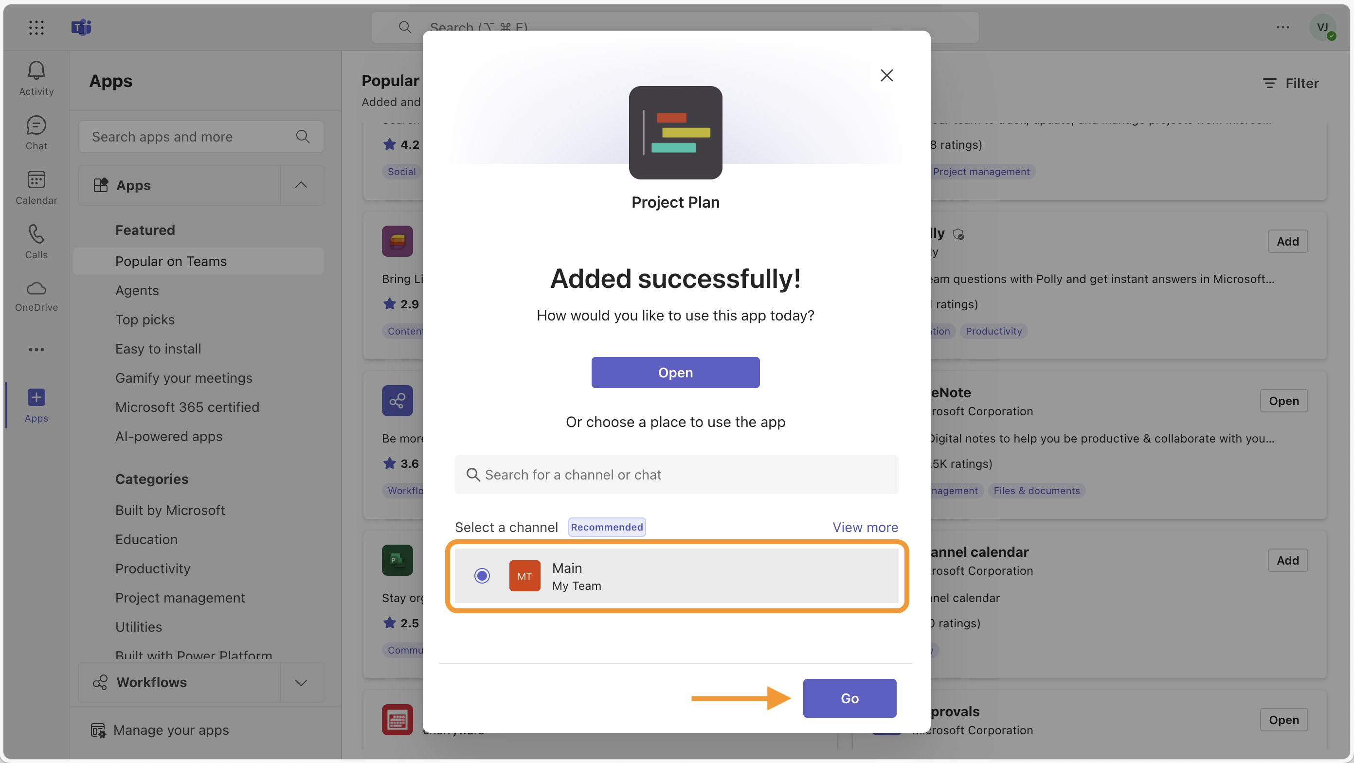 Select a channel for Project Plan in Microsoft Teams – Step 2